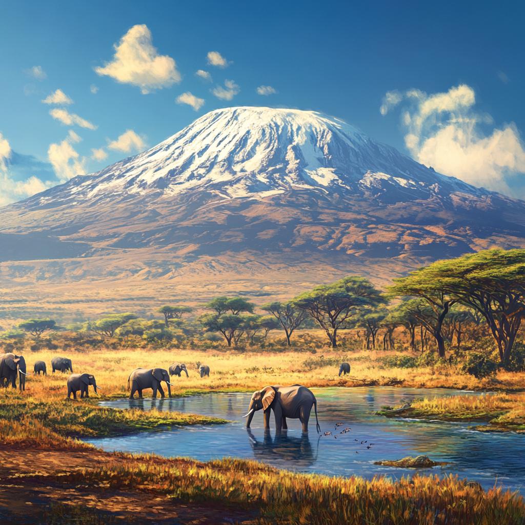 Kilimanjaro with Elephants at Sunset