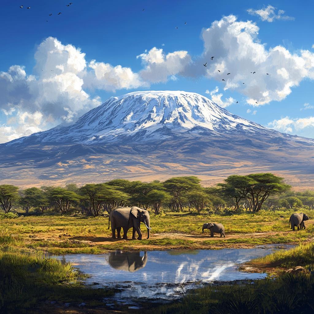 Grassland View of Kilimanjaro with Elephants