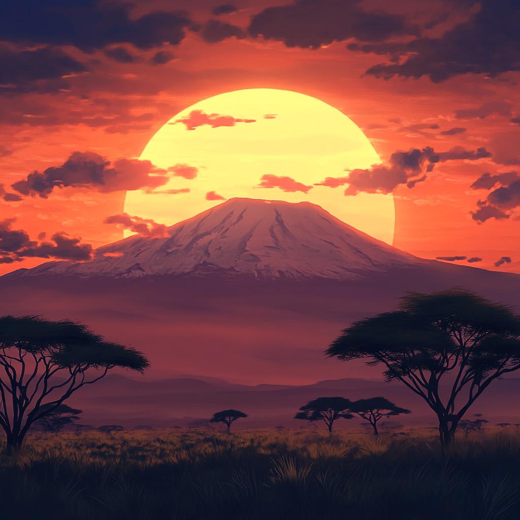 Sunset Over Mount Kilimanjaro with Trees