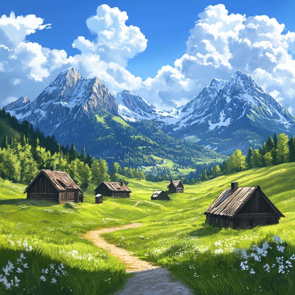 Wooden Cottages in Mountain Grassfield