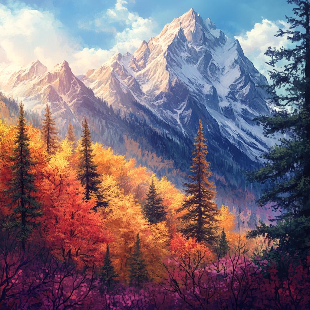 Autumn Forest with Snowy Peaks