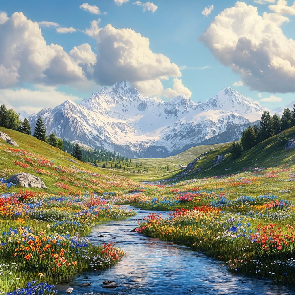 Flower Field with Snowy Mountains