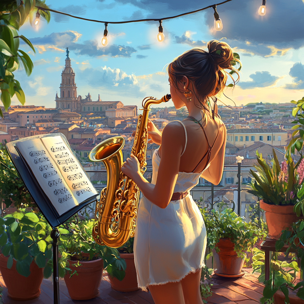 Girl in White Dress Playing Trumpet on Balcony