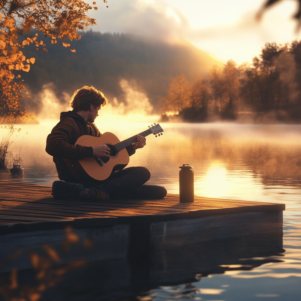 Boy Playing Guitar by River at Sunset
