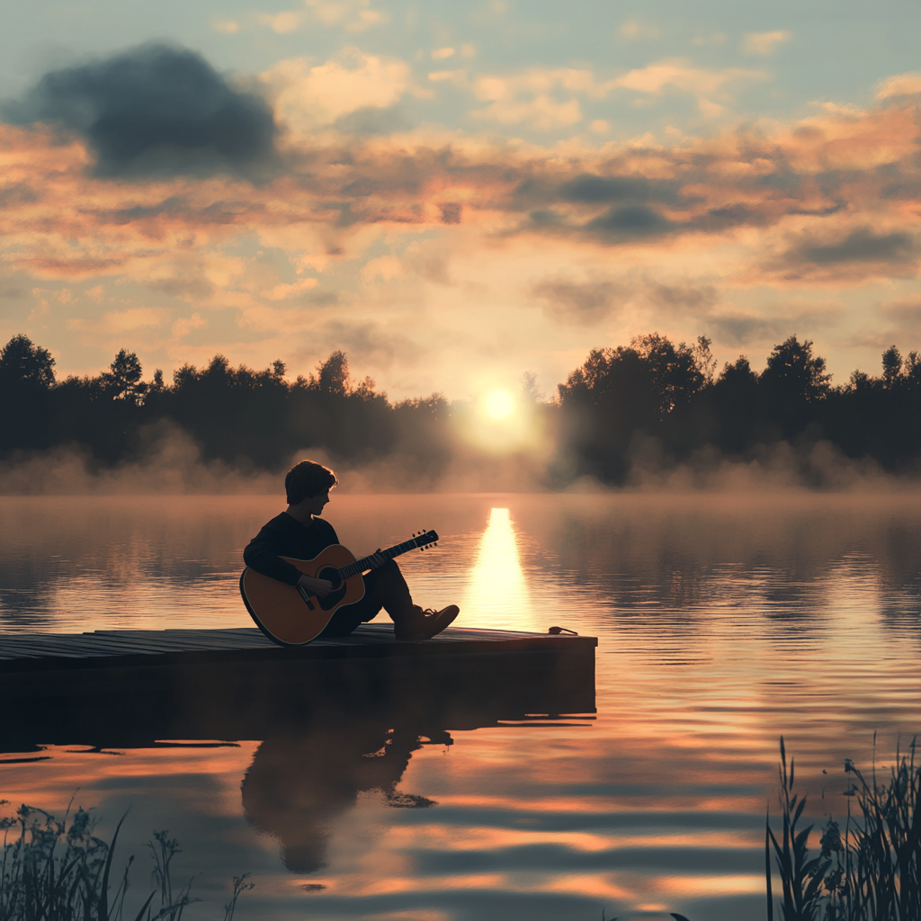 Guitar Player by Riverside Sunset