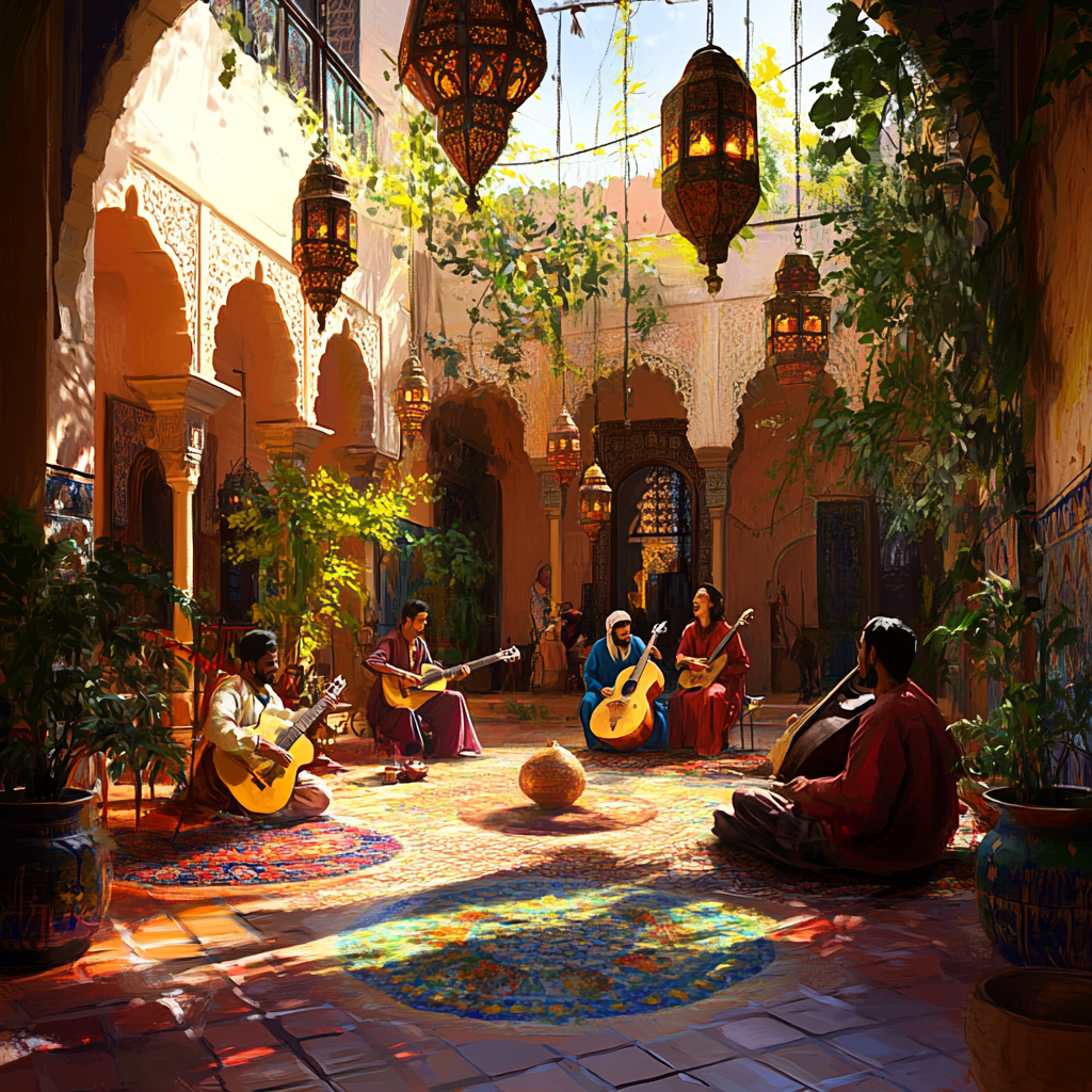 Arabic Family Playing Music in Courtyard