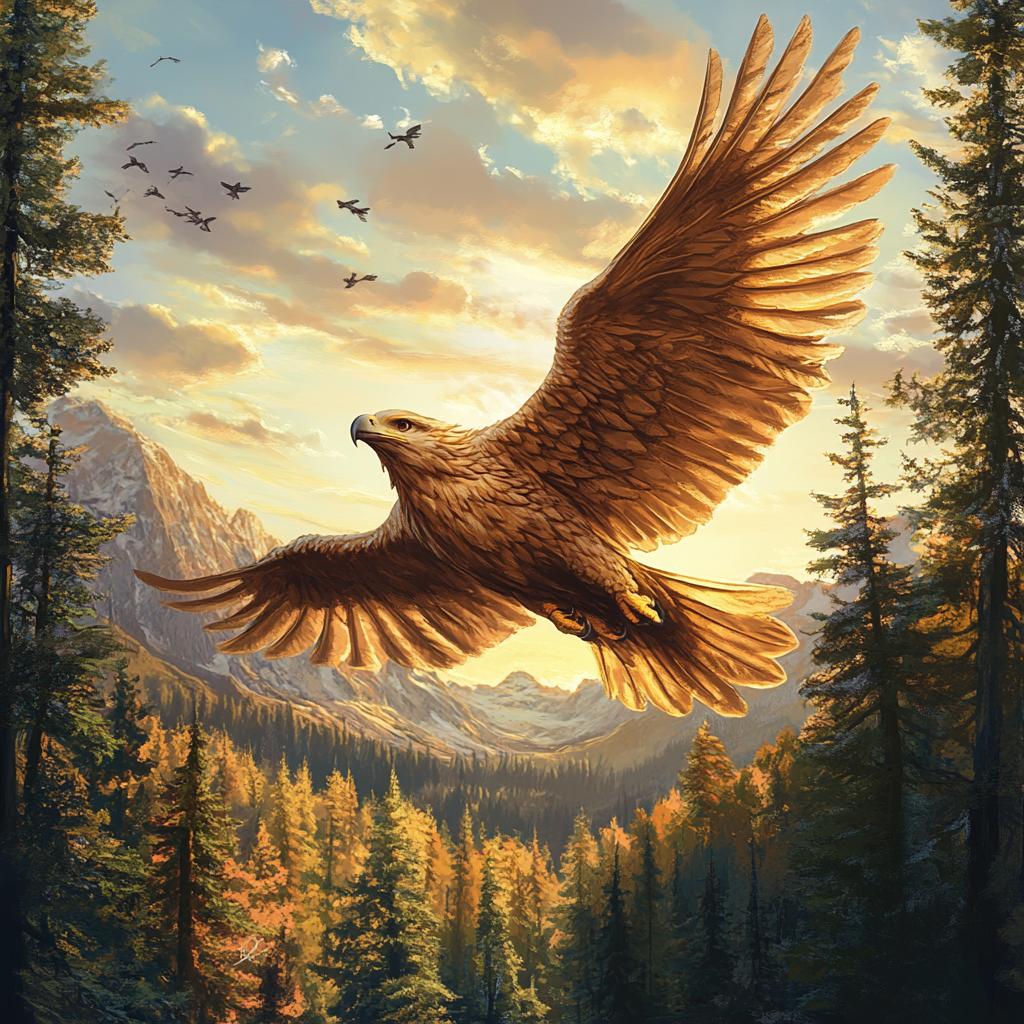 Mythical Bird Soaring Over Forest