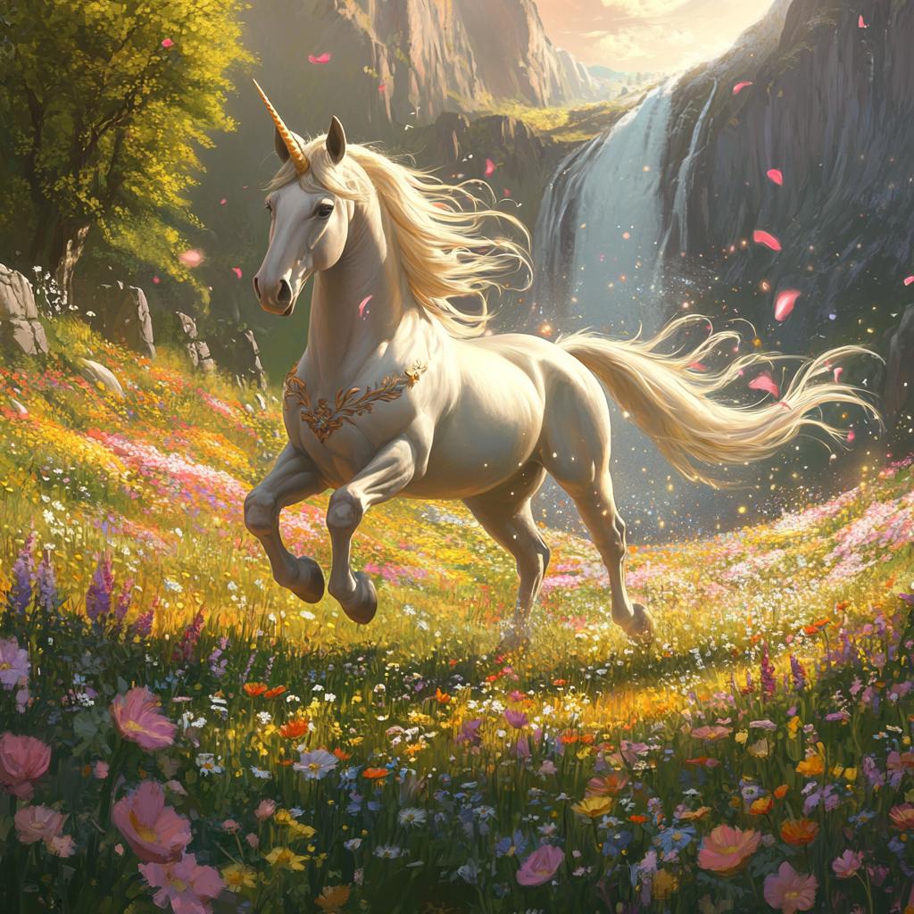 Unicorn Running Through Grassfield