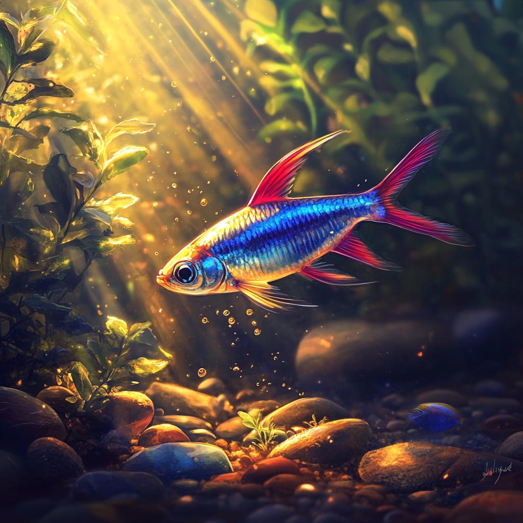 Blue and Red Tetra in Shallow Water
