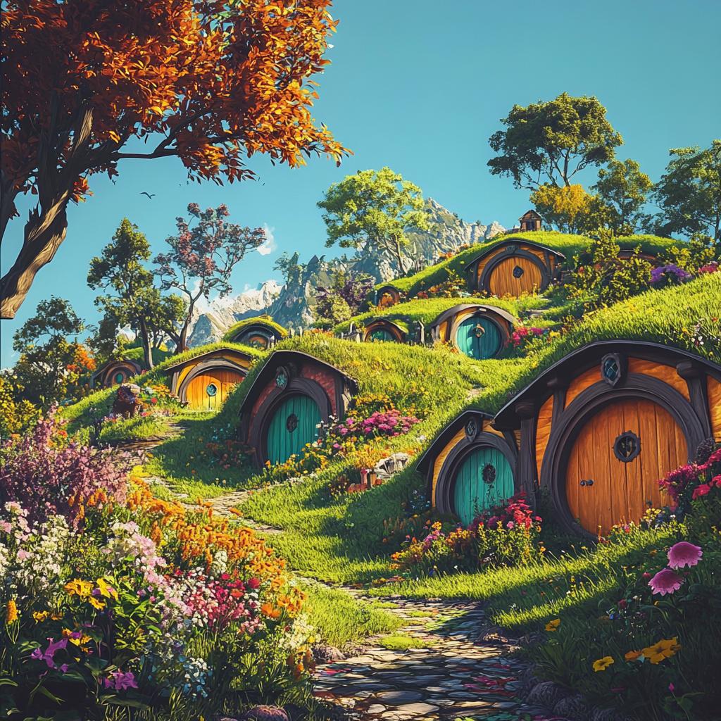 Hobbiton Hills with Colorful Hobbit Houses in New Zealand