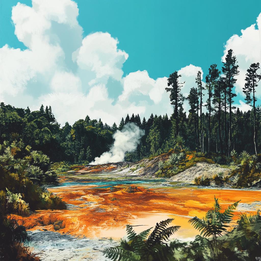 New Zealand Forest with Geysers and Steam