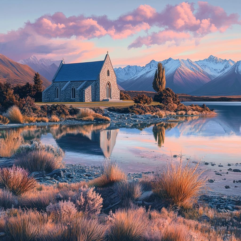 Small Church by Lake with Snowy Mountains in New Zealand