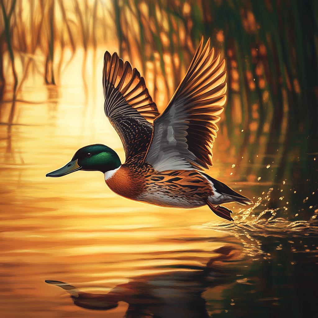 Northern Shoveler Flying Over Lake at Sunset