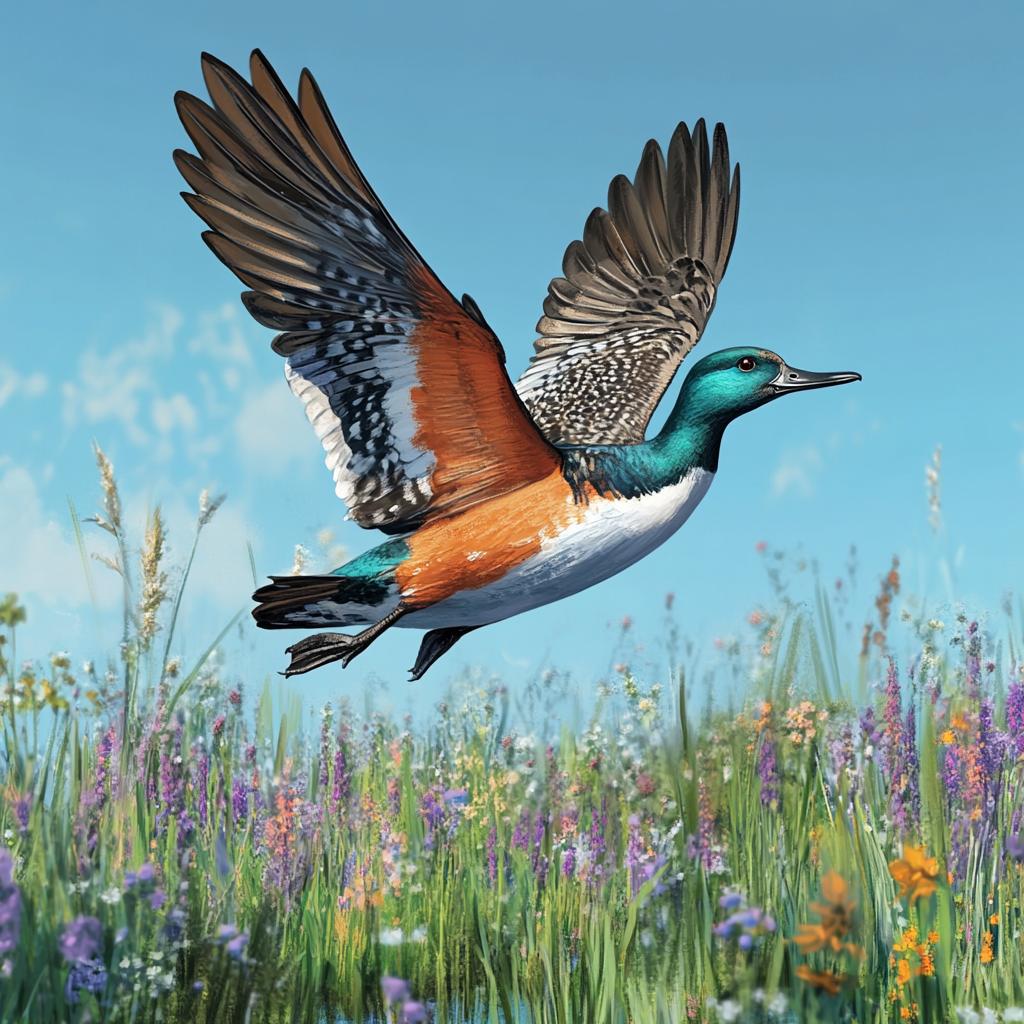 Northern Shoveler in Tall Grass Flight