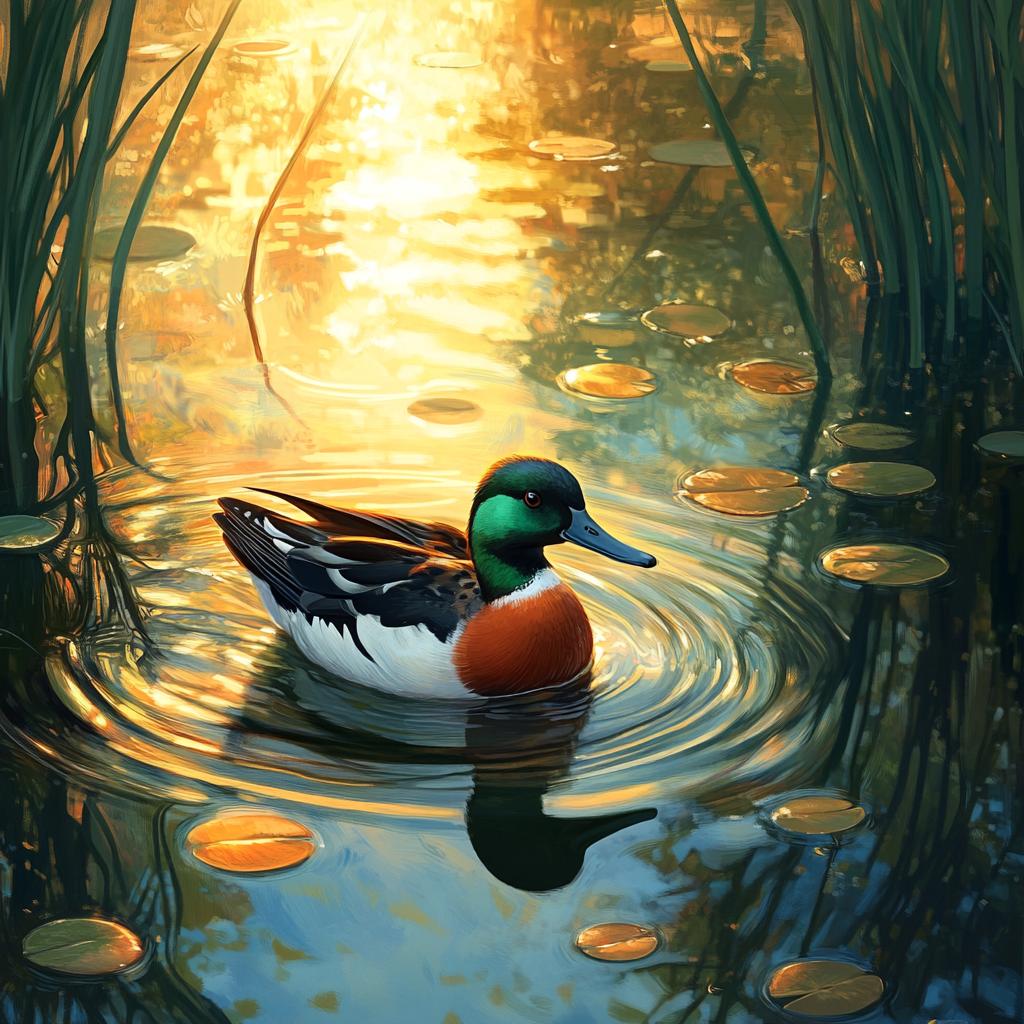 Northern Shoveler Swimming Among Lilies