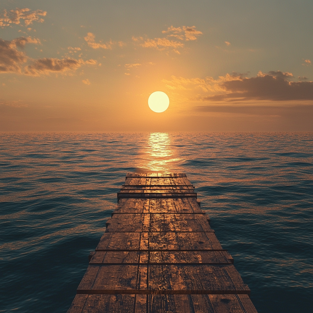 Wooden Path Into Ocean at Sunset