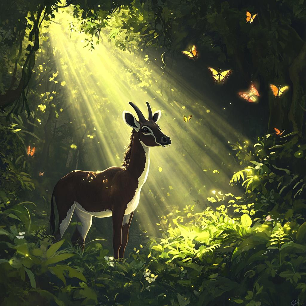 Okapi in Dense Forest Sunbeam
