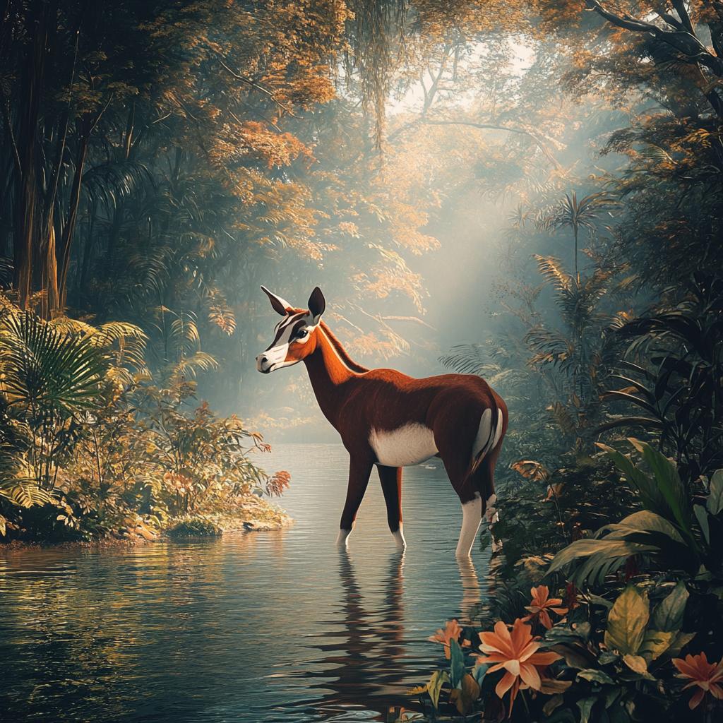Okapi Crossing River in Rainforest