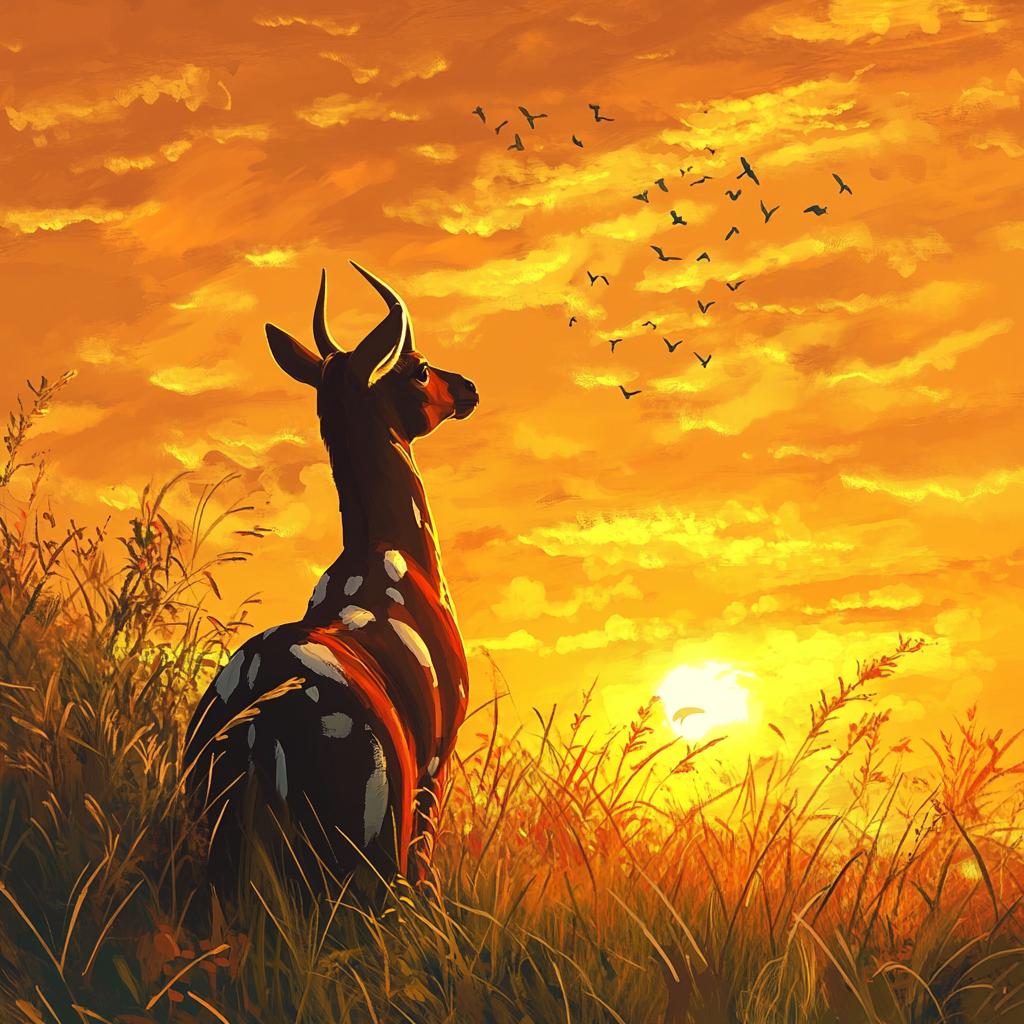 Okapi in Sunset Grassfield
