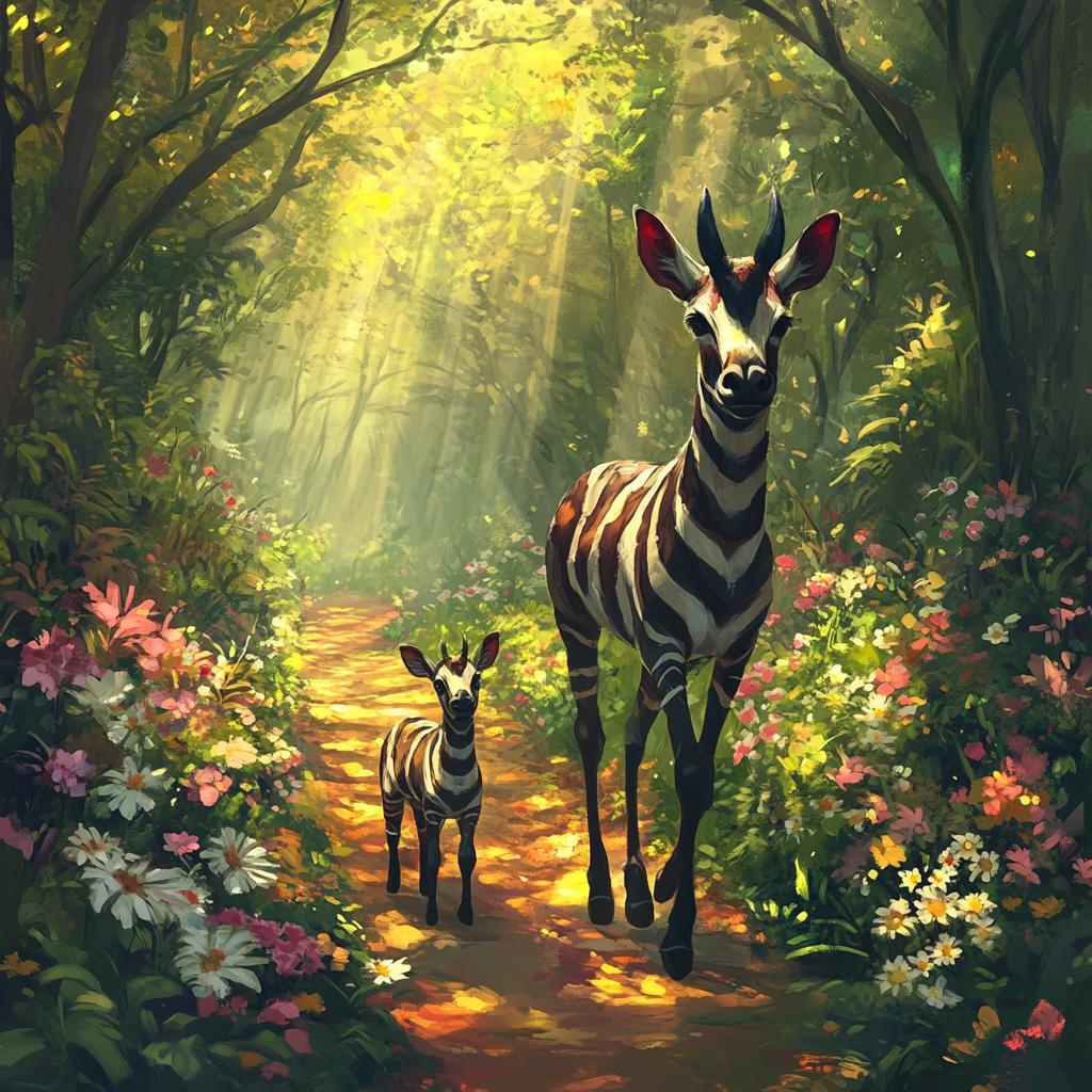Mother and Baby Okapi on Forest Path