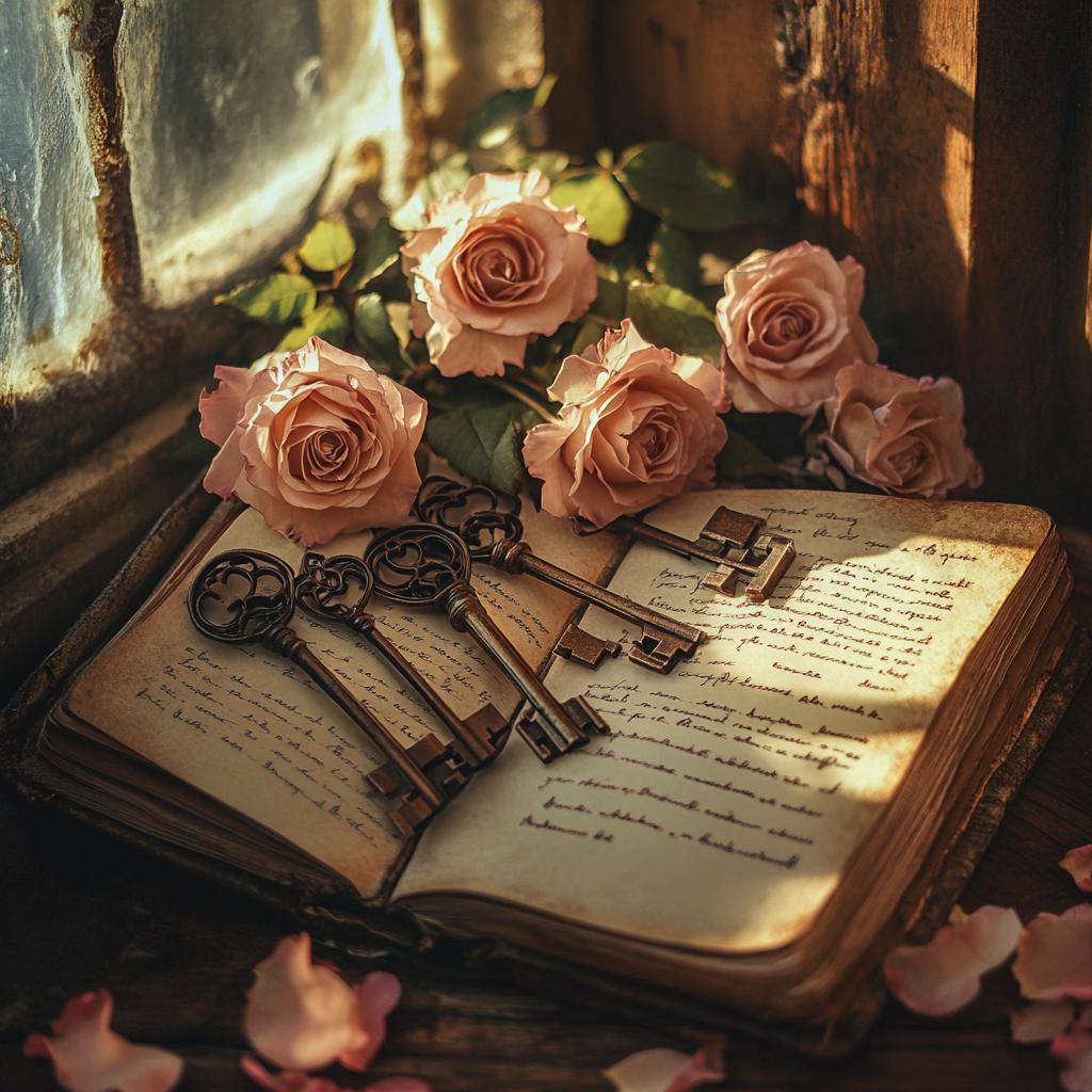 Still Life of Old Keys with Roses by Window
