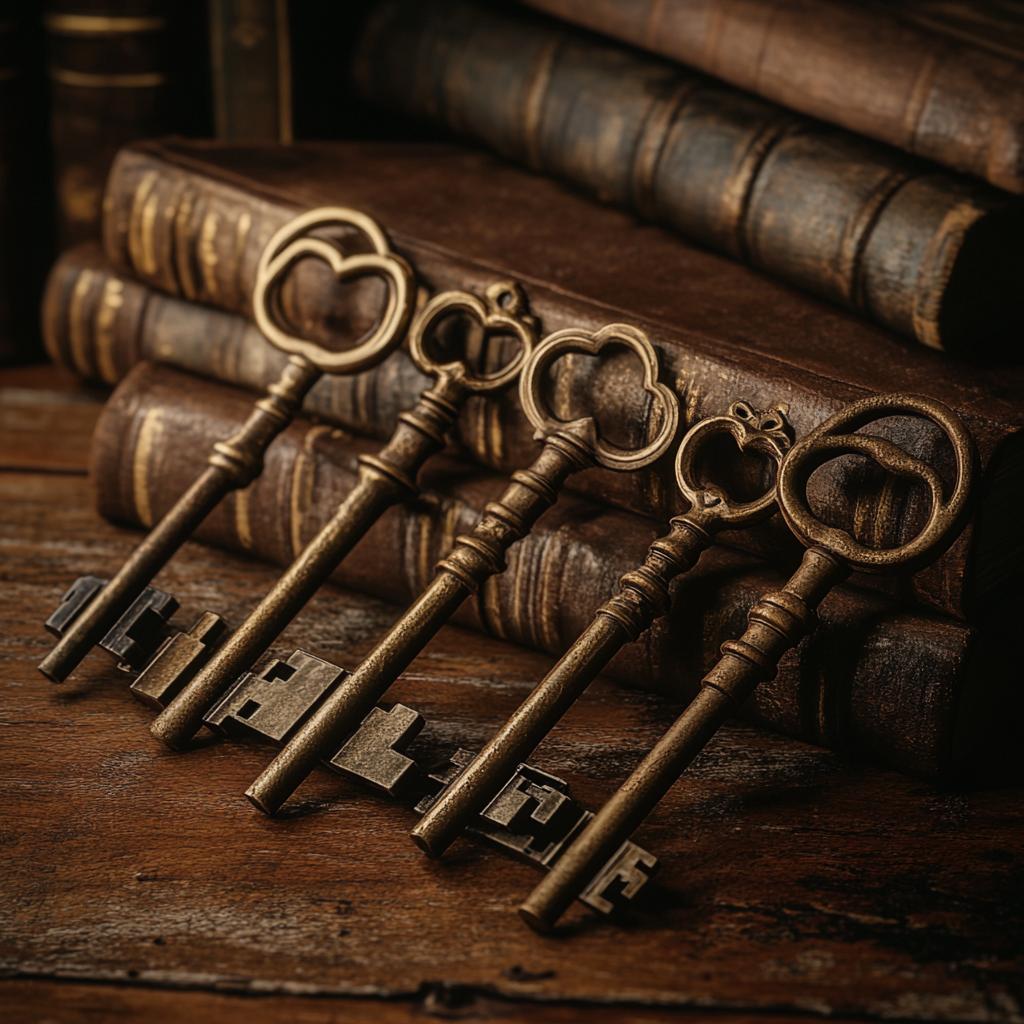 Still Life with Five Vintage Keys and Books