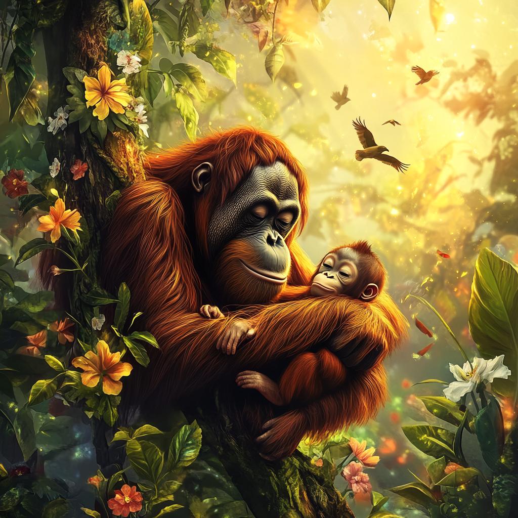 Mother Orangutan Hugging Baby on Branch
