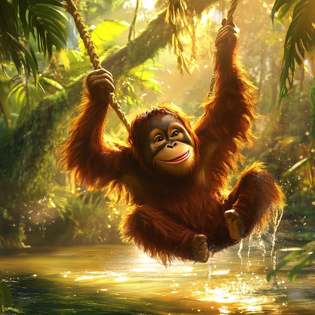 Orangutan Swinging Across River