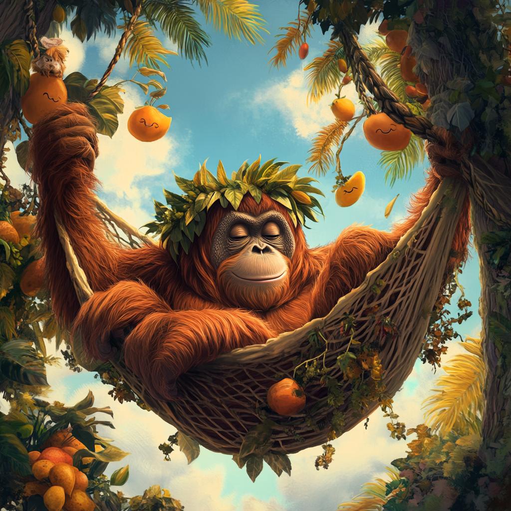 Orangutan Resting in Hammock with Orange Trees