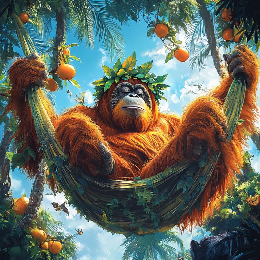 Orangutan Relaxing in Hammock in Orchard