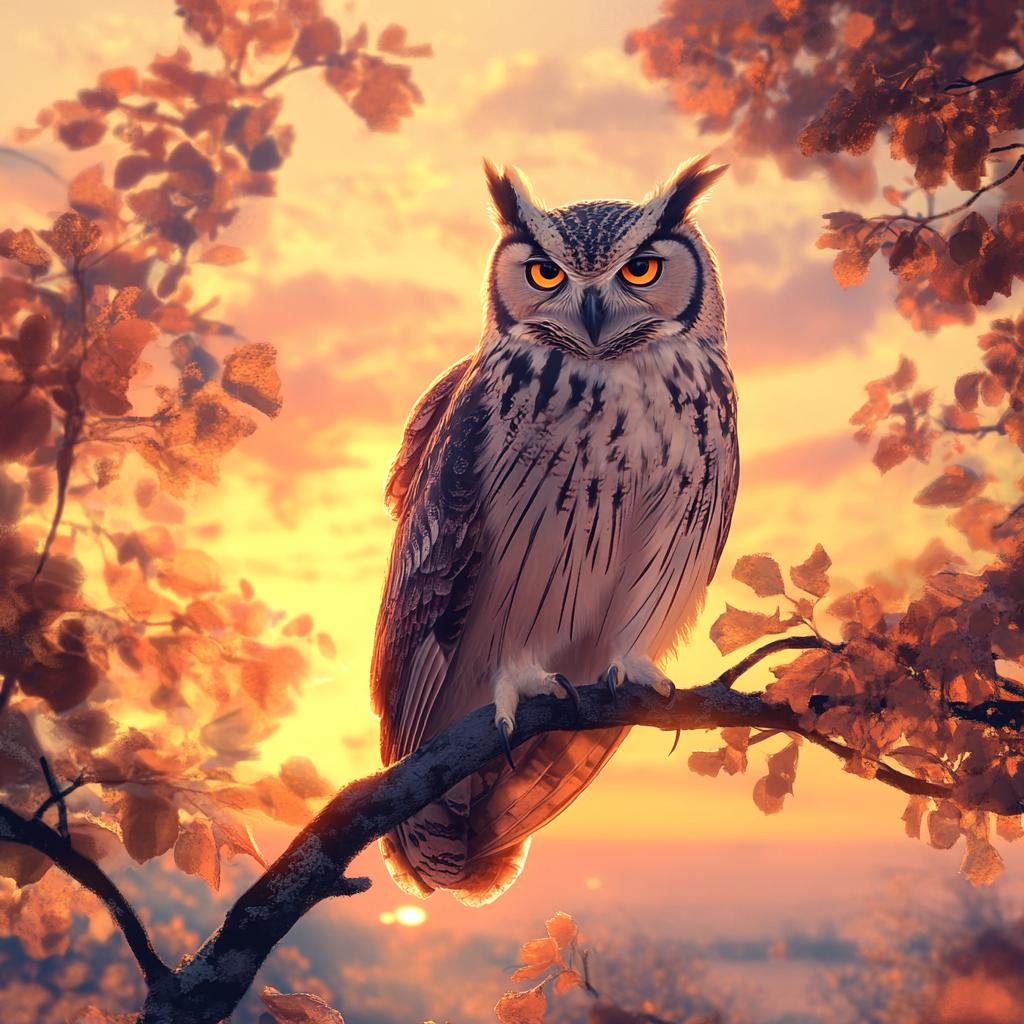 Owl on Branch with Pink Blossoms at Sunset