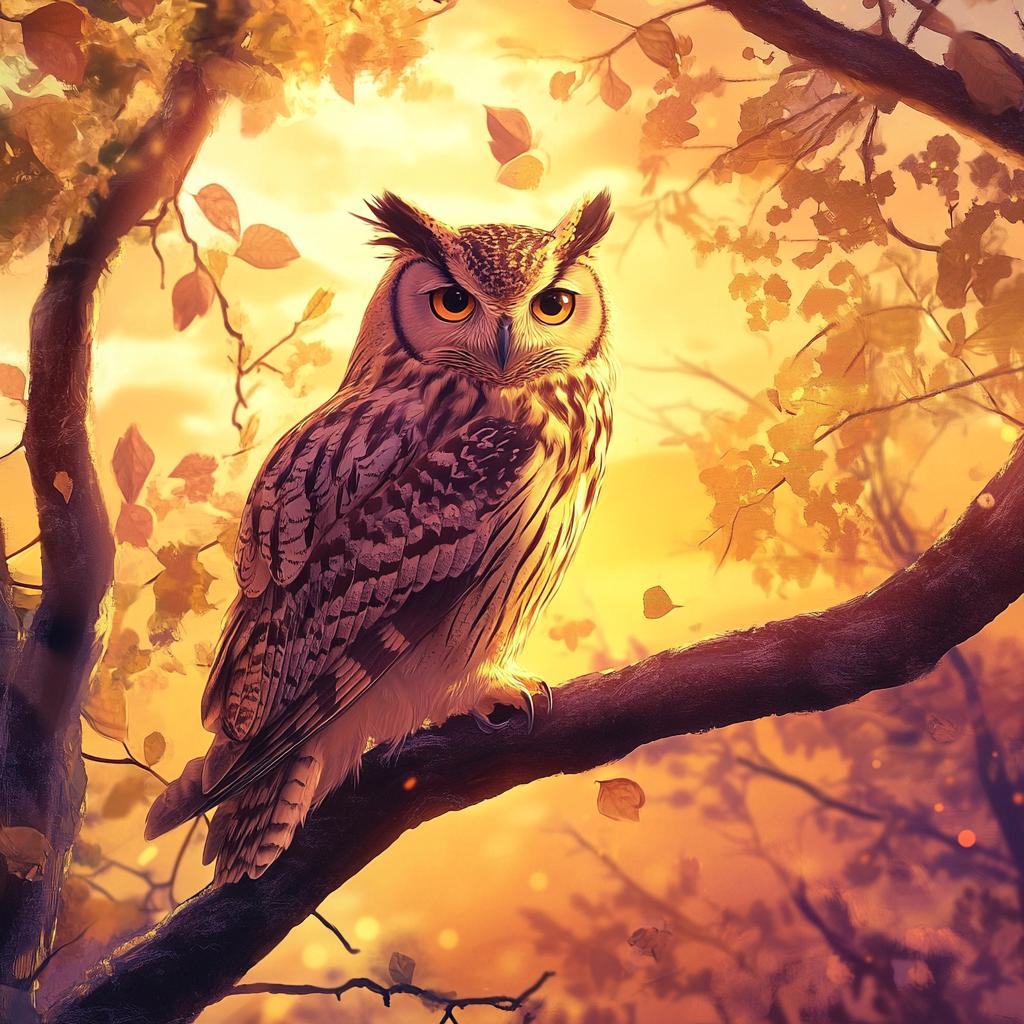 Owl Perched Among Pink Flowers at Sunset