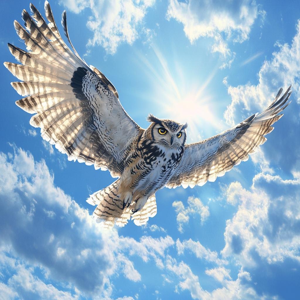 Owl Flying Across Sky with Sun Behind Clouds