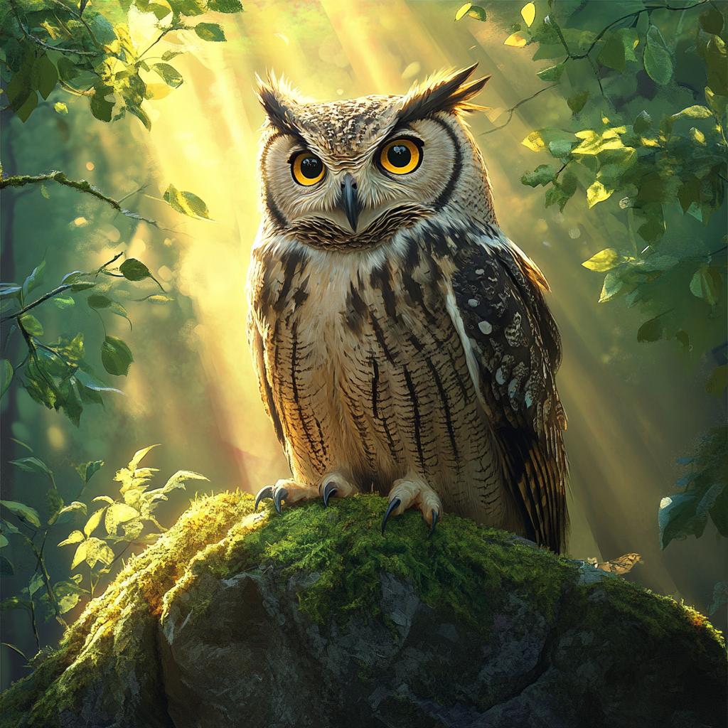 Owl Sitting on Rock in Forest Sunbeam