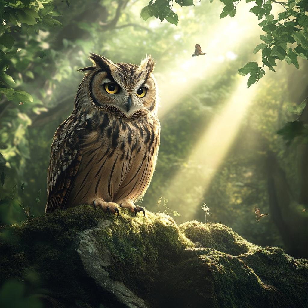 Owl Resting on Rock Under Sunbeam