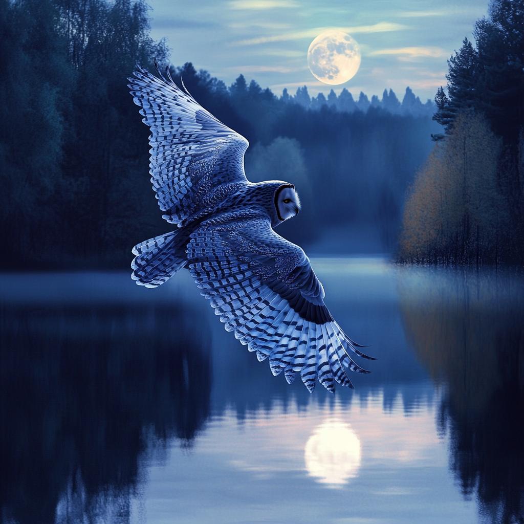 Owl Flying Over Lake at Night with Moon
