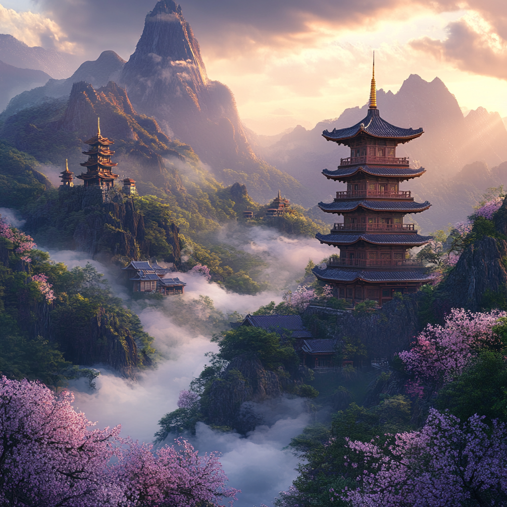 Japanese Pagodas on Misty Mountains