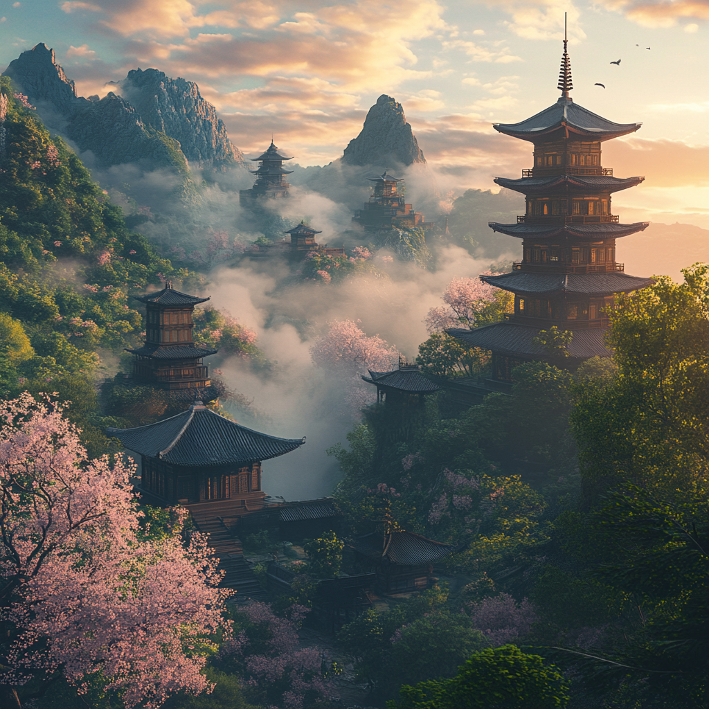 Misty Mountain Pagodas in Japan