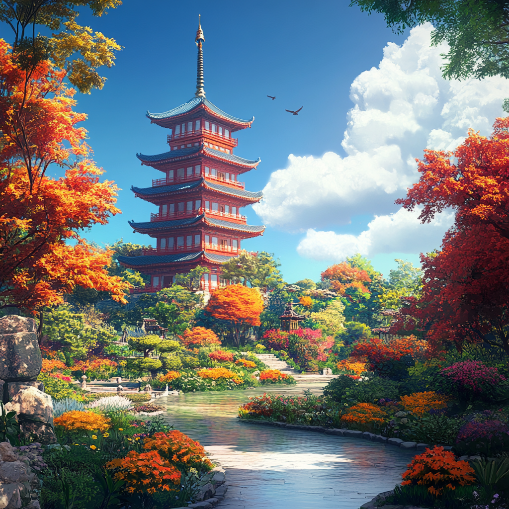 Pagoda Overlooking River and Autumn Trees