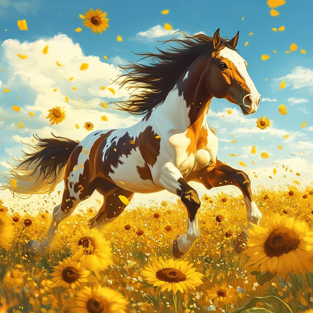 Paint Horse Running in Sunflower Field