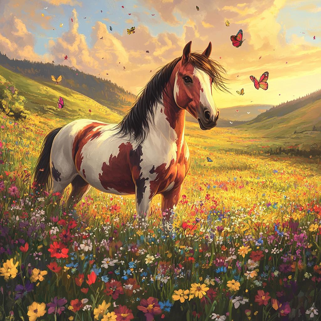 Paint Horse Standing in Flower Meadow