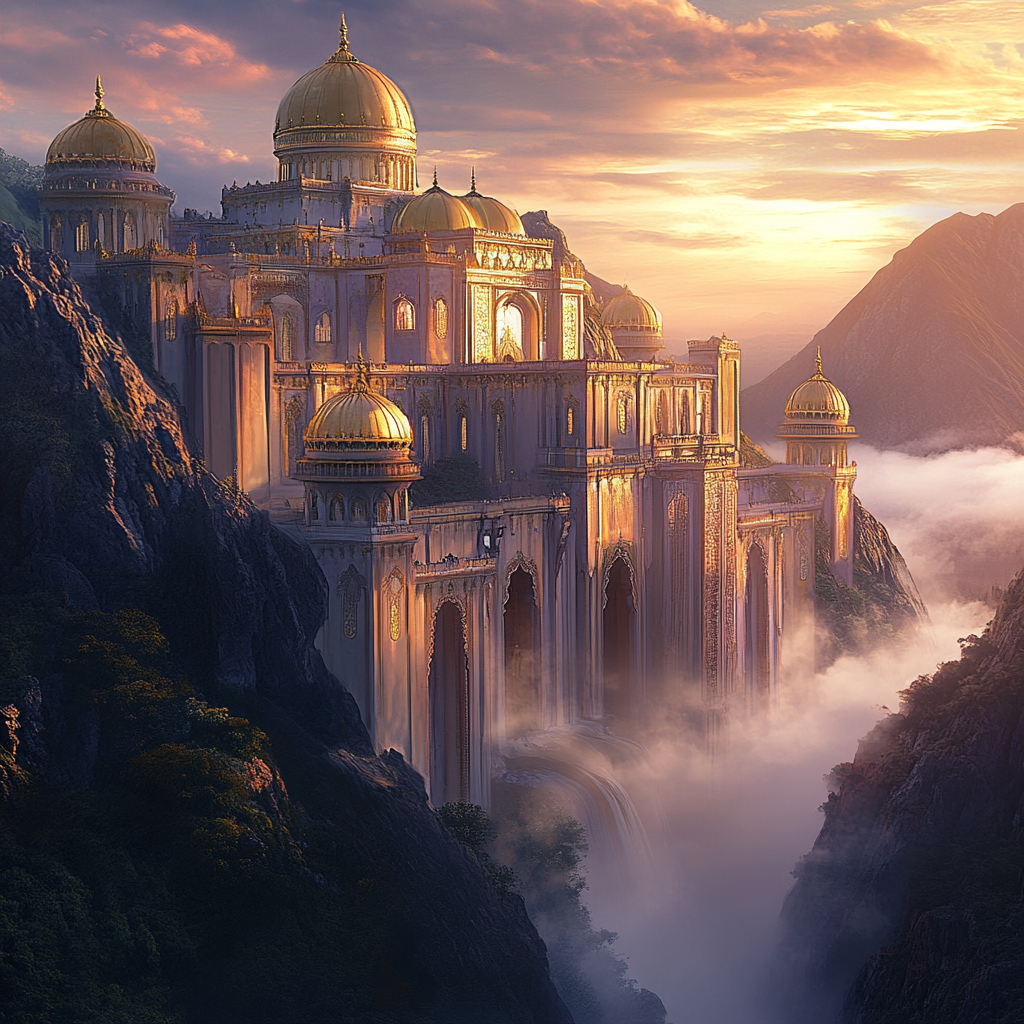 Golden Arabian Palace on Mountain Above Clouds