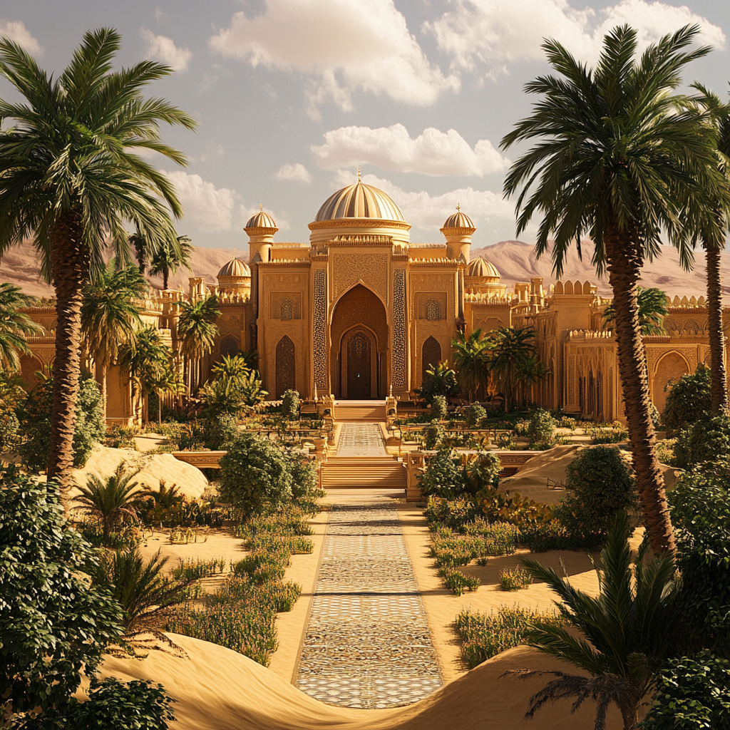 Arabian Palace in Desert with Palm Trees