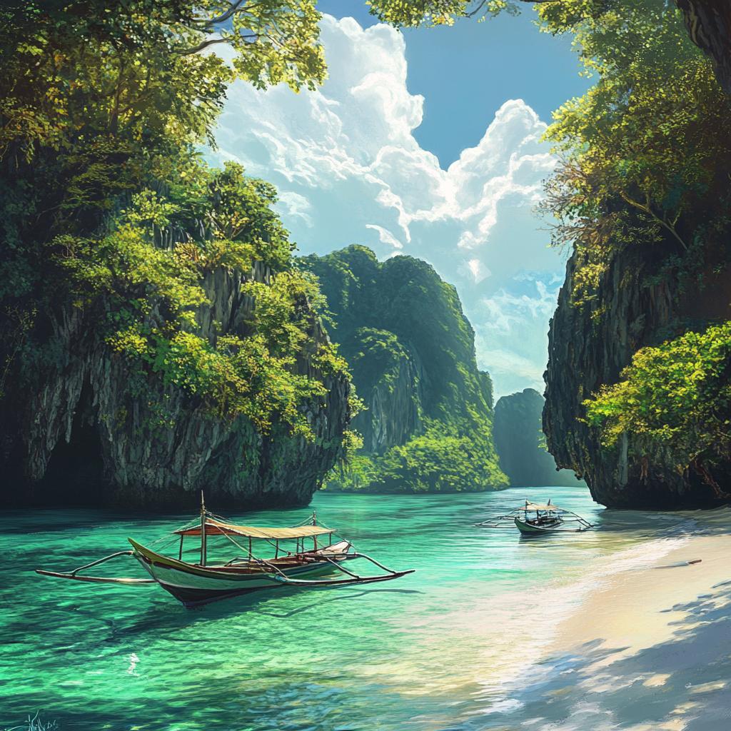 Wooden Boats on River Between Cliffs of Palawan
