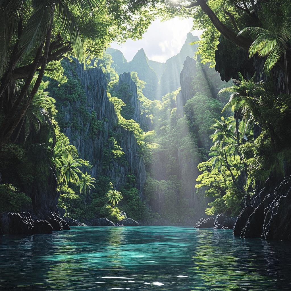 River Through Dense Forest in Palawan with Sunbeam