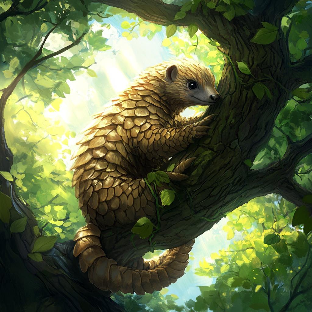 Pangolin Resting on Rainforest Branch