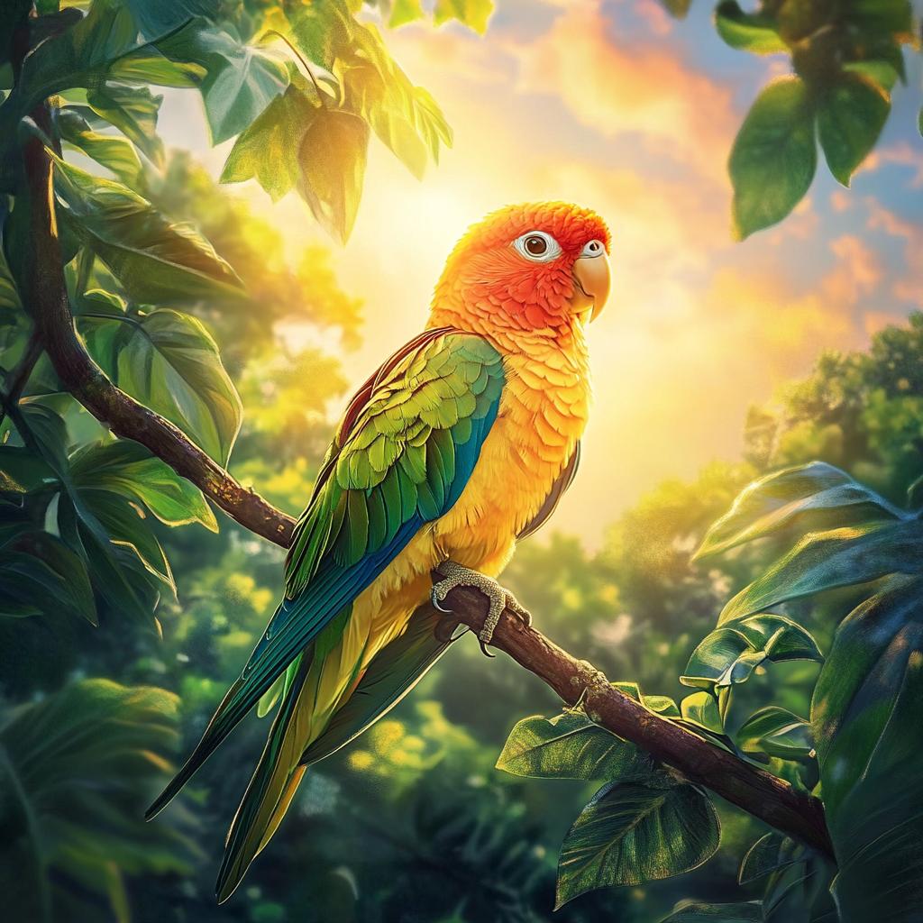 Vibrant Parakeet on Rainforest Branch