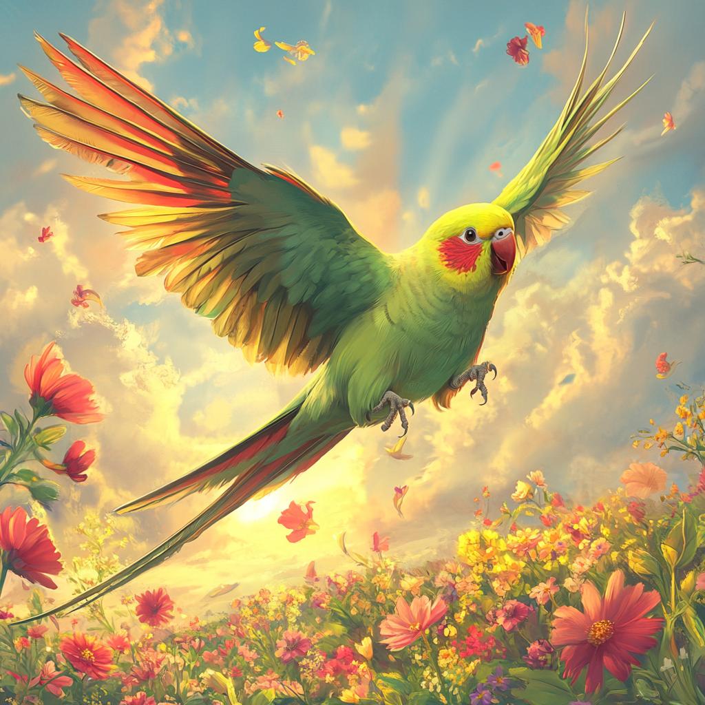 Colorful Parakeet Flying Over Flower Field