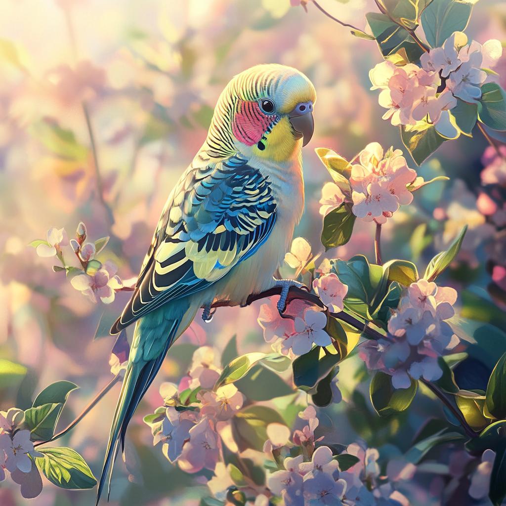 White and Blue Parakeet on Bush with Blossoms