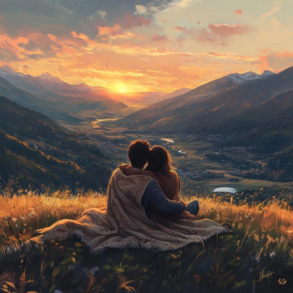 Couple Cuddling on Mountain Blanket with Scenic View